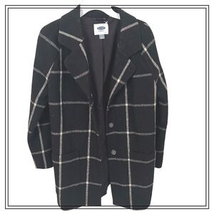 Old Navy Women's Black Plaid Wool Blend Blazer Jacket Peacoat Career Sz. Small